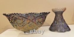 Vintage Imperial Whirling Star Smoke Peacock Carnival Glass Punch Bowl & 3 Cups