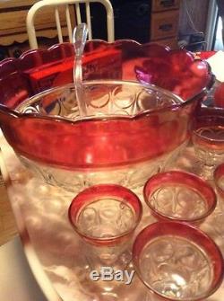 Vintage Indiana 16 Piece Punch Bowl Set Ruby Band