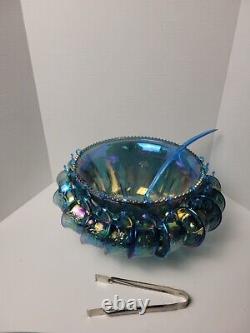 Vintage Indiana Blue CARNIVAL GLASS PUNCH BOWL Harvest Grape, Complete Set Withbox