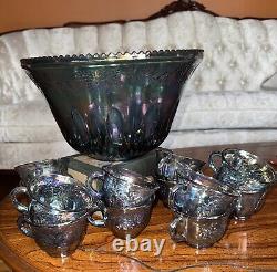 Vintage Indiana Blue Carnival Glass Punch Bowl Set13 Pieces + Hooks