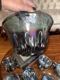 Vintage Indiana Blue Carnival Glass Punch Bowl Set13 Pieces + Hooks