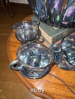 Vintage Indiana Blue Carnival Glass Punch Bowl Set13 Pieces + Hooks