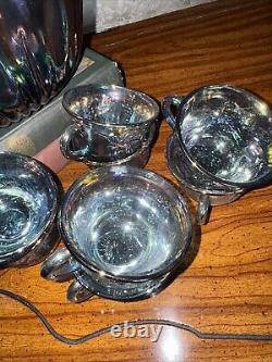 Vintage Indiana Blue Carnival Glass Punch Bowl Set13 Pieces + Hooks