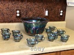 Vintage Indiana Blue Glass Iridescent Carnival Glass Grape Punch Bowl Set no Lad