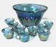 Vintage Indiana Blue Harvest Iridescent Carnival Glass Punch Bowl with9 Cups