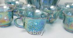 Vintage Indiana Blue Harvest Iridescent Carnival Glass Punch Bowl with9 Cups