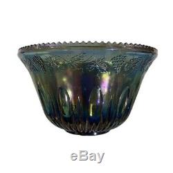 Vintage Indiana Blue Iridescent Carnival Glass Grape Harvest Punch Bowl Set
