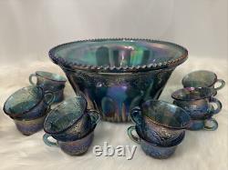 Vintage Indiana Canival Glass Princess Blue Punch Bowl Set