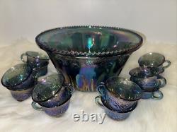 Vintage Indiana Canival Glass Princess Blue Punch Bowl Set