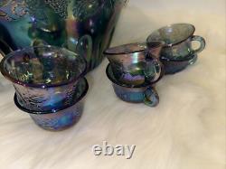 Vintage Indiana Canival Glass Princess Blue Punch Bowl Set