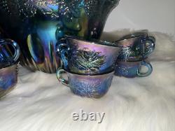 Vintage Indiana Canival Glass Princess Blue Punch Bowl Set