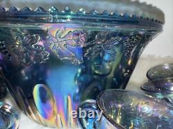 Vintage Indiana Canival Glass Princess Blue Punch Bowl Set