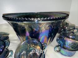 Vintage Indiana Canival Glass Princess Blue Punch Bowl Set