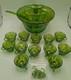 Vintage Indiana Carnival Glass Iridescent Green Punch Bowl Set With 12 Cups