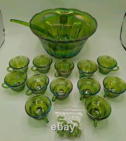 Vintage Indiana Carnival Glass Iridescent Green Punch Bowl Set With 12 Cups