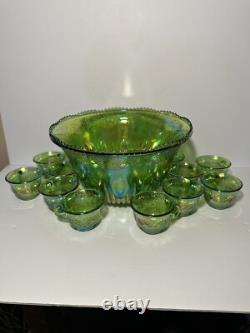 Vintage Indiana Carnival Glass Iridescent Green Punch Bowl Set With 12 Cups