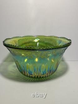 Vintage Indiana Carnival Glass Iridescent Green Punch Bowl Set With 12 Cups
