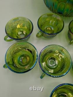 Vintage Indiana Carnival Glass Iridescent Green Punch Bowl Set With 12 Cups