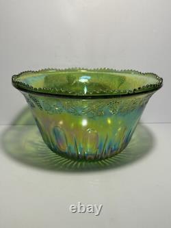 Vintage Indiana Carnival Glass Iridescent Green Punch Bowl Set With 12 Cups