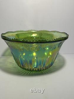 Vintage Indiana Carnival Glass Iridescent Green Punch Bowl Set With 12 Cups