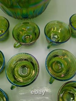 Vintage Indiana Carnival Glass Iridescent Green Punch Bowl Set With 12 Cups