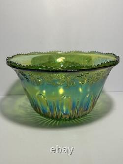Vintage Indiana Carnival Glass Iridescent Green Punch Bowl Set With 12 Cups