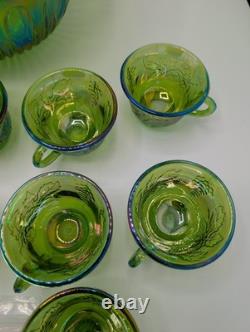 Vintage Indiana Carnival Glass Iridescent Green Punch Bowl Set With 12 Cups