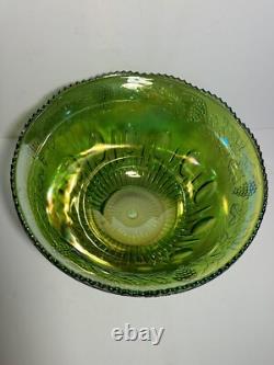 Vintage Indiana Carnival Glass Iridescent Green Punch Bowl Set With 12 Cups