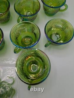 Vintage Indiana Carnival Glass Iridescent Green Punch Bowl Set With 12 Cups