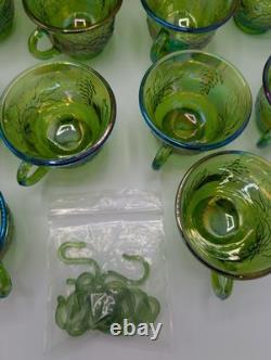 Vintage Indiana Carnival Glass Iridescent Green Punch Bowl Set With 12 Cups