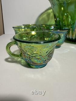 Vintage Indiana Carnival Glass Iridescent Green Punch Bowl Set With 12 Cups