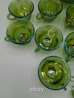 Vintage Indiana Carnival Glass Iridescent Green Punch Bowl Set With 12 Cups