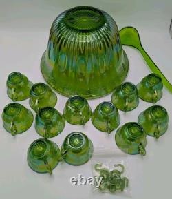 Vintage Indiana Carnival Glass Iridescent Green Punch Bowl Set With 12 Cups
