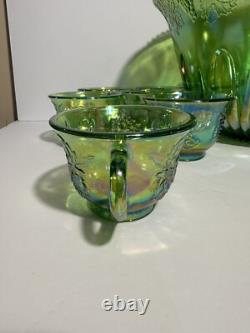Vintage Indiana Carnival Glass Iridescent Green Punch Bowl Set With 12 Cups