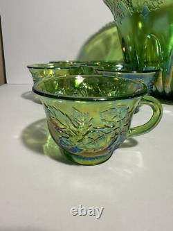Vintage Indiana Carnival Glass Iridescent Green Punch Bowl Set With 12 Cups