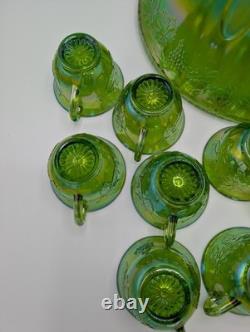 Vintage Indiana Carnival Glass Iridescent Green Punch Bowl Set With 12 Cups