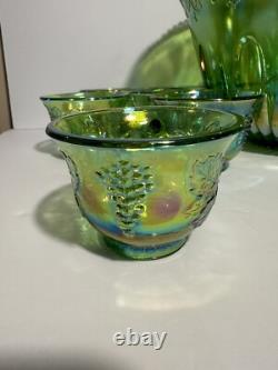 Vintage Indiana Carnival Glass Iridescent Green Punch Bowl Set With 12 Cups