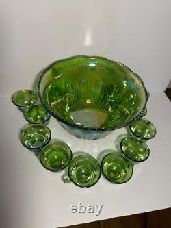 Vintage Indiana Carnival Glass Iridescent Green Punch Bowl Set With 12 Cups
