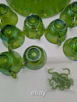 Vintage Indiana Carnival Glass Iridescent Green Punch Bowl Set With 12 Cups
