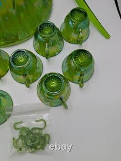 Vintage Indiana Carnival Glass Iridescent Green Punch Bowl Set With 12 Cups