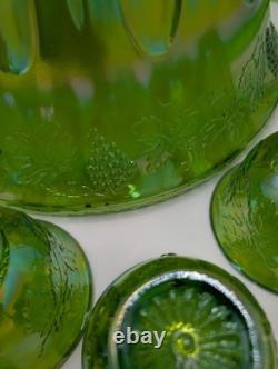 Vintage Indiana Carnival Glass Iridescent Green Punch Bowl Set With 12 Cups