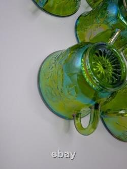 Vintage Indiana Carnival Glass Iridescent Green Punch Bowl Set With 12 Cups