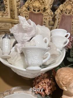 Vintage Indiana Colony Harvest White Milk Glass Footed Punch Bowl Set + 20 Cups