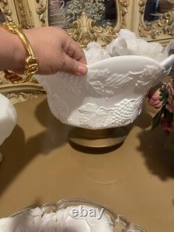 Vintage Indiana Colony Harvest White Milk Glass Footed Punch Bowl Set + 20 Cups