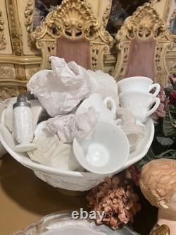 Vintage Indiana Colony Harvest White Milk Glass Footed Punch Bowl Set + 20 Cups