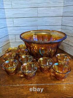 Vintage Indiana Glass Amber Carnival Glass Punch Bowl Set (1 Bowl, 10 cups)