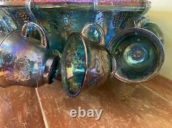 Vintage Indiana Glass Blue Carnival Glass Grape Harvest Punch Bowl Set with11 Cups