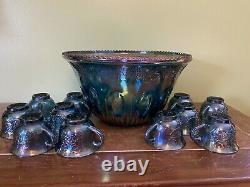 Vintage Indiana Glass Blue Carnival Glass Grape Harvest Punch Bowl Set with11 Cups