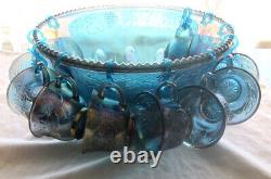 Vintage Indiana Glass Blue Carnival Glass Grape Harvest Punch Bowl with Cups & H