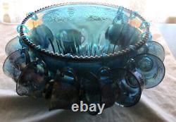 Vintage Indiana Glass Blue Carnival Glass Grape Harvest Punch Bowl with Cups & H